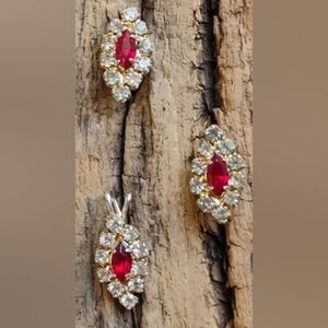 Art Deco Red Ruby & Clear Rhinestones Earrings And Matching Pendant